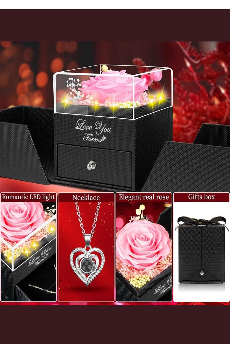 Lovery Preserved Pink Rose with Led Lights & Double Heart Necklace, "I Love You" in 100 Languages, Alternate, color, Black, Pink