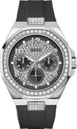 GUESS Crystal Detail Multifunction Silicone Strap Watch, 46mm