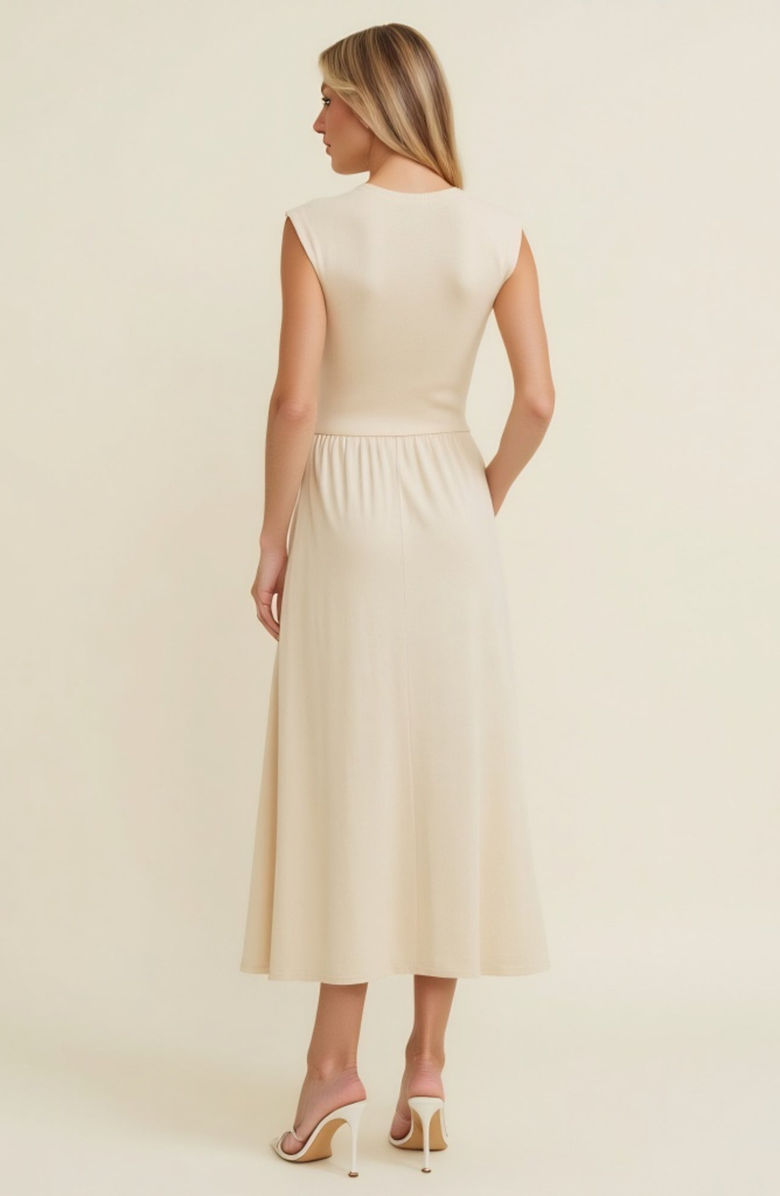 Modenaire Cap Sleeve Knit Bodice Dress with Flowy Midi Skirt and Side Pockets, Alternate, color, Beige