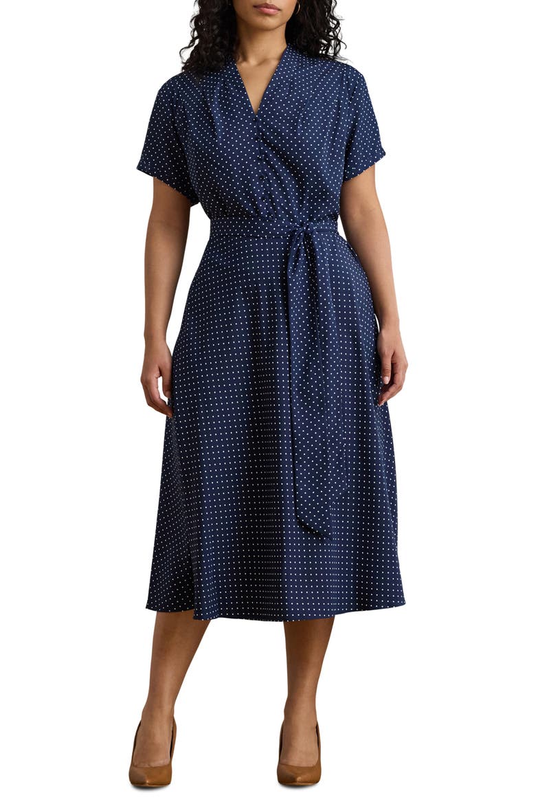 Micro Dot Crêpe de Chine Midi Shirtdress, Main, color, NVY/WHT
