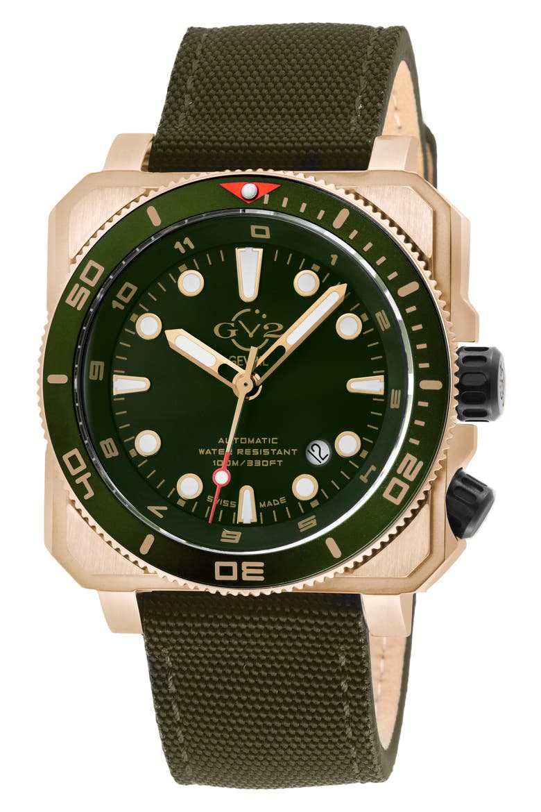 XO Gold-Tone Submarine Canvas Strap Watch, 44mm, Main, color, GREEN