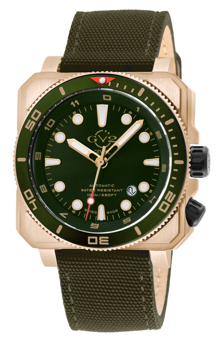 GV2 XO Gold-Tone Submarine Canvas Strap Watch, 44mm, Main, color, Green