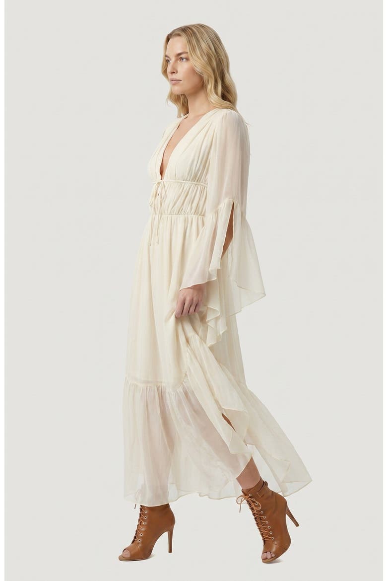 Plunging Neck Tie Waist Ruffle Sleeve Maxi Dress, Alternate, color, Beige