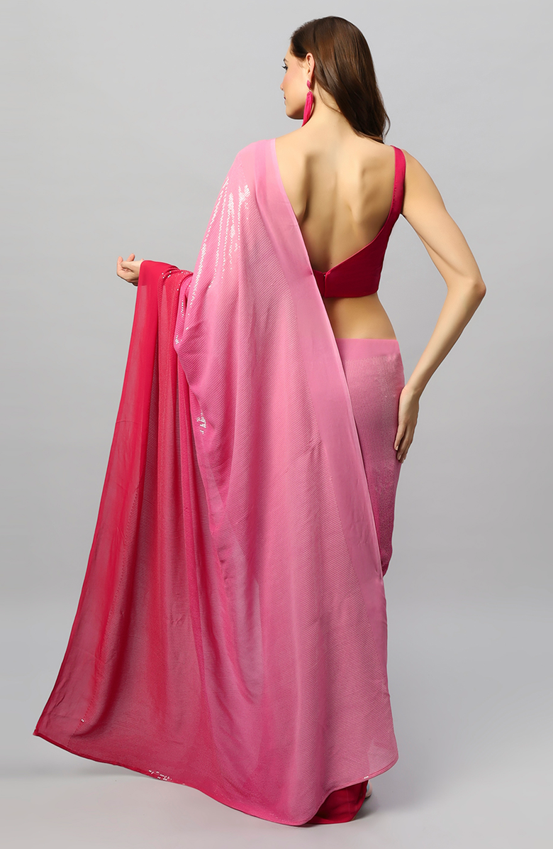 One Minute Saree<sup>®</sup> Ashley Luxe Fuchsia Ombre Georgette Sequins Pre-Draped Ready to Wear Sari, Alternate, color,
