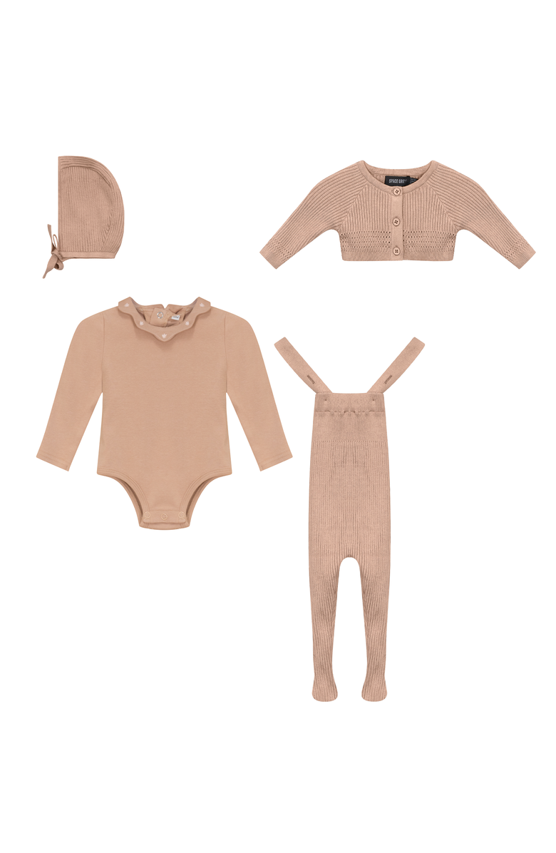 Space Grey Girl 4 Piece Knit Overall and Cardigan Set, Main, color, Maple Sugar
