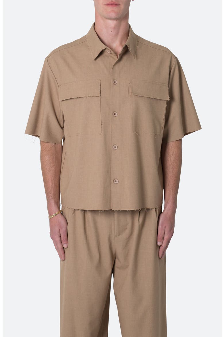 Oversize Crop Short Sleeve Button-Up Shirt, Main, color, KHAKI