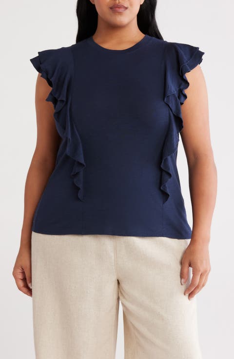 Cascade Ruffle Cotton Blend Top (Plus)