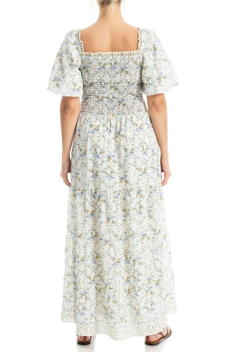 MAX STUDIO Print Smocked Puff Sleeve Maxi Dress, Alternate, color, Cream/ Blue Bloom Interlace