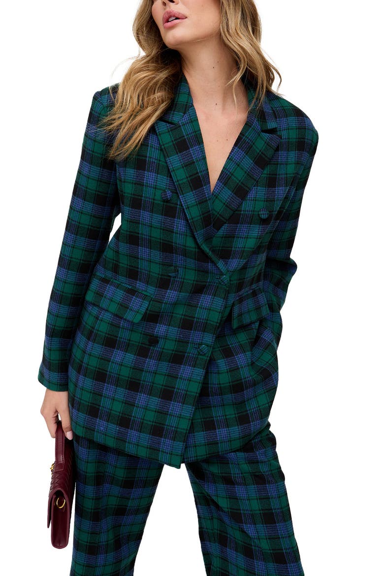 Zena Double Breasted Prince Of Wales Check Print Jacket, Main, color, Blue