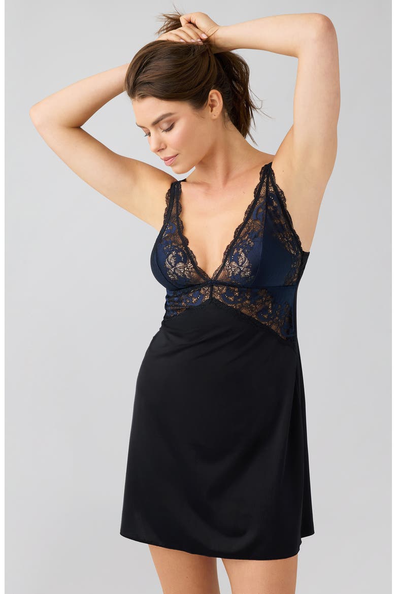 Modern Affair Lace Trim Chemise, Alternate, color, NIGHT SKY/ BLACK