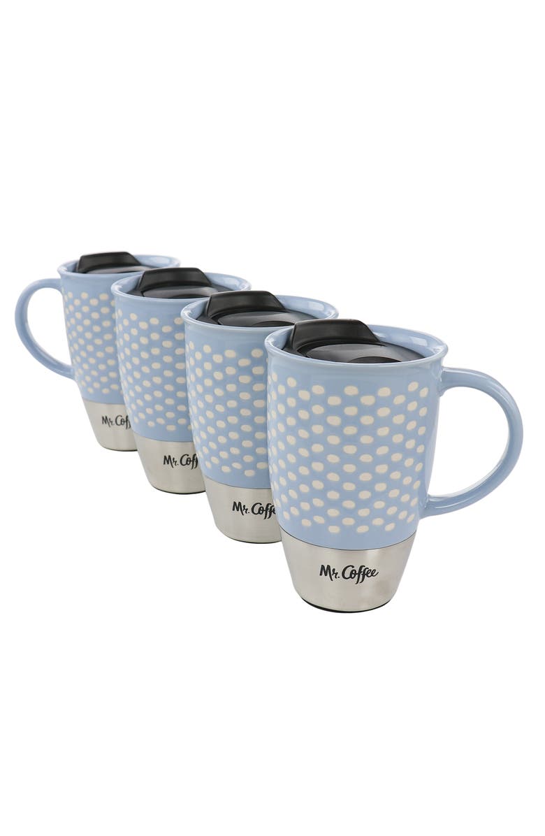 Mr. Coffee Coupleton Dot 4 Piece 15 Ounce Stoneware and Stainless Steel Travel Mug Set with Lid, Main, color, Blue