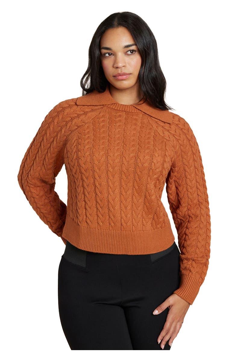 ELOQUII Cableknit Sweater With Wide Collar, Main, color, Rustic Brown