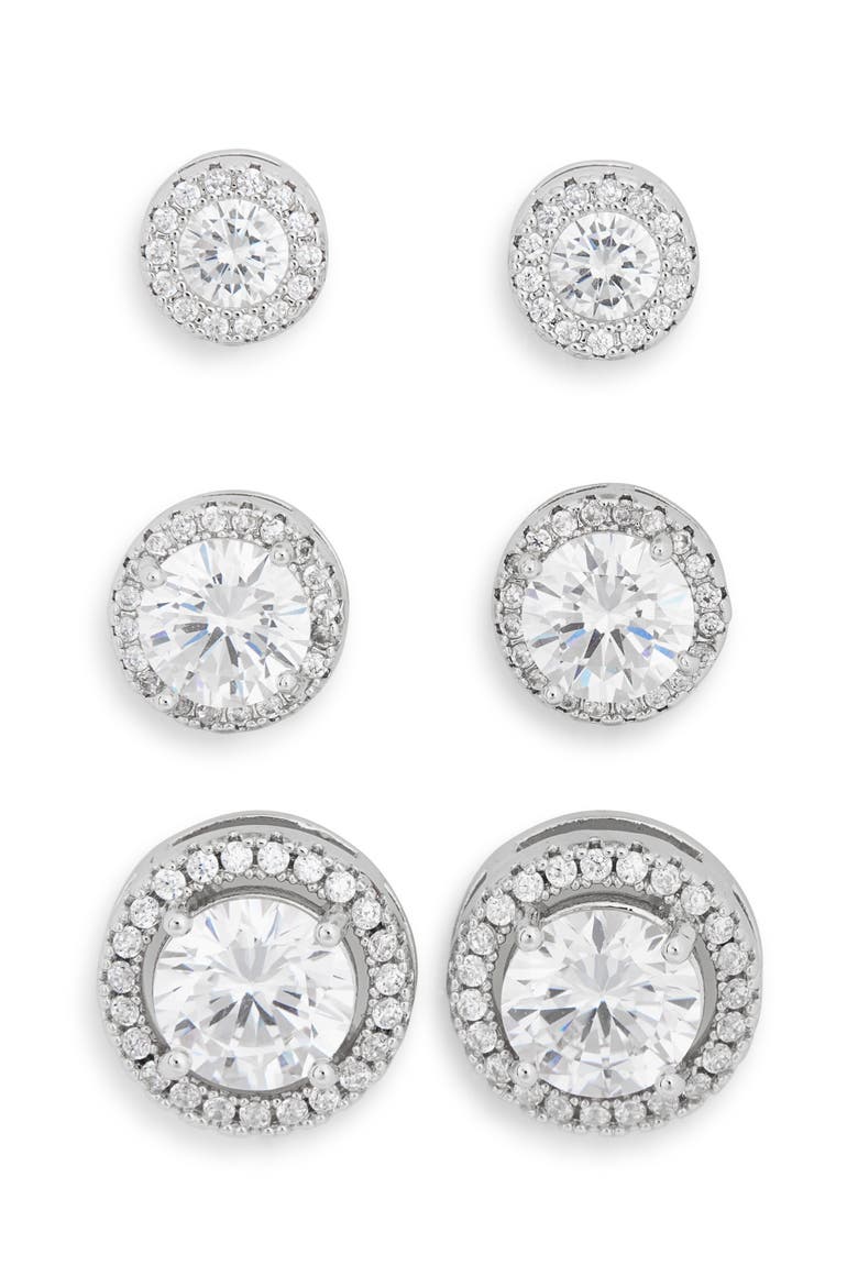 3-Pack Assorted Halo Cubic Zirconia Stud Earrings, Alternate, color, CLEAR- SILVER