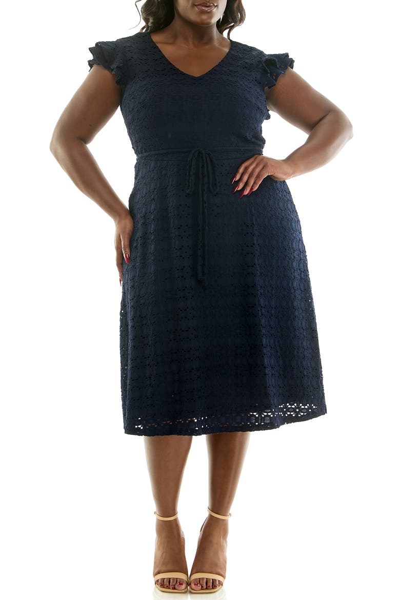 Cap Sleeve Lace Fit & Flare Dress, Main, color, NAVY