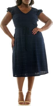 Nina Leonard Cap Sleeve Lace Fit & Flare Dress