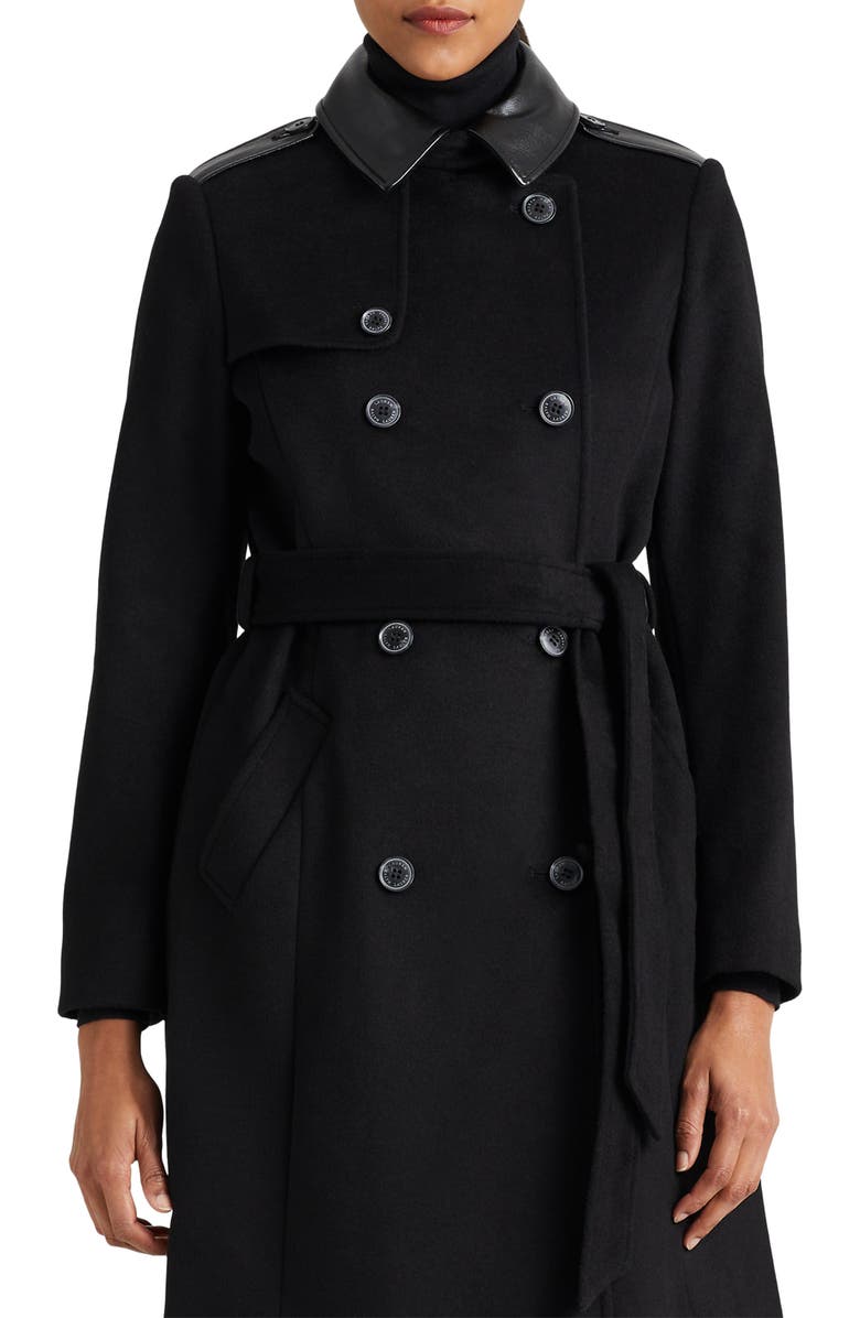 Lauren Ralph Lauren Tie Waist Faux Leather Trim Wool Blend Coat, Alternate, color,