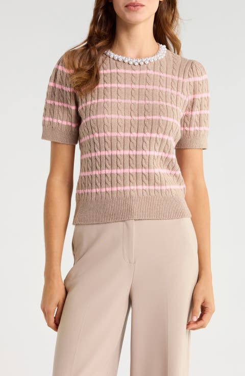 Stripe Cable Knit Short Sleeve Sweater