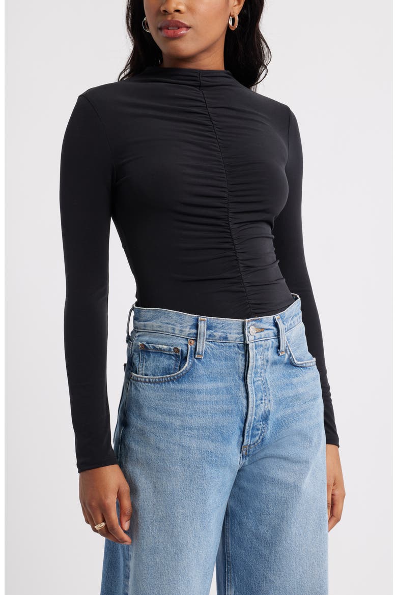 Shirred Mock Neck Top, Main, color, BLACK