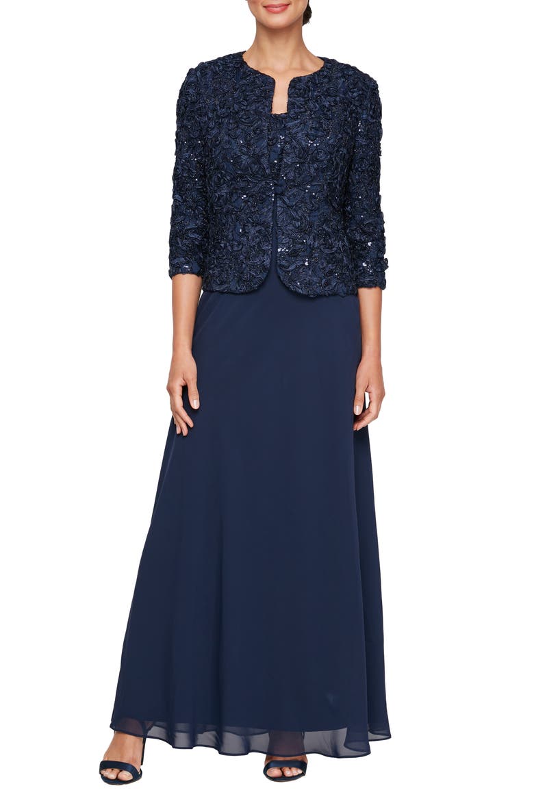 Sequin Soutache Lace Empire Waist Chiffon Gown with Jacket, Main, color, NAVY