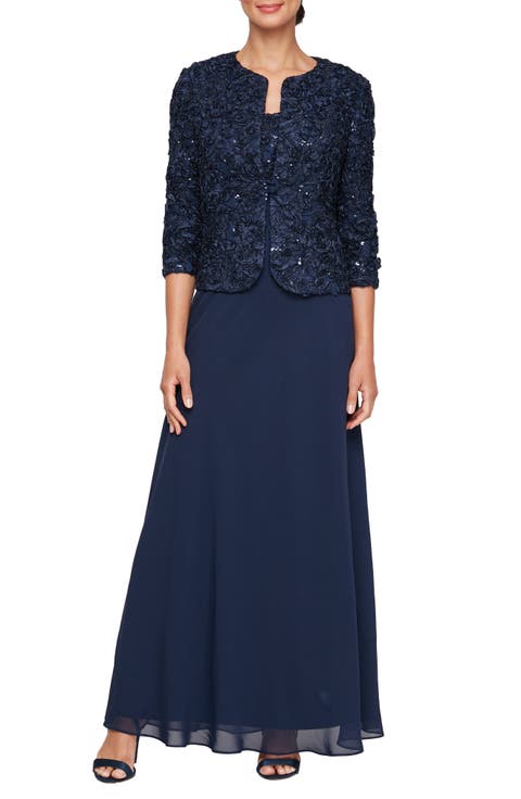 Sequin Soutache Lace Empire Waist Chiffon Gown with Jacket