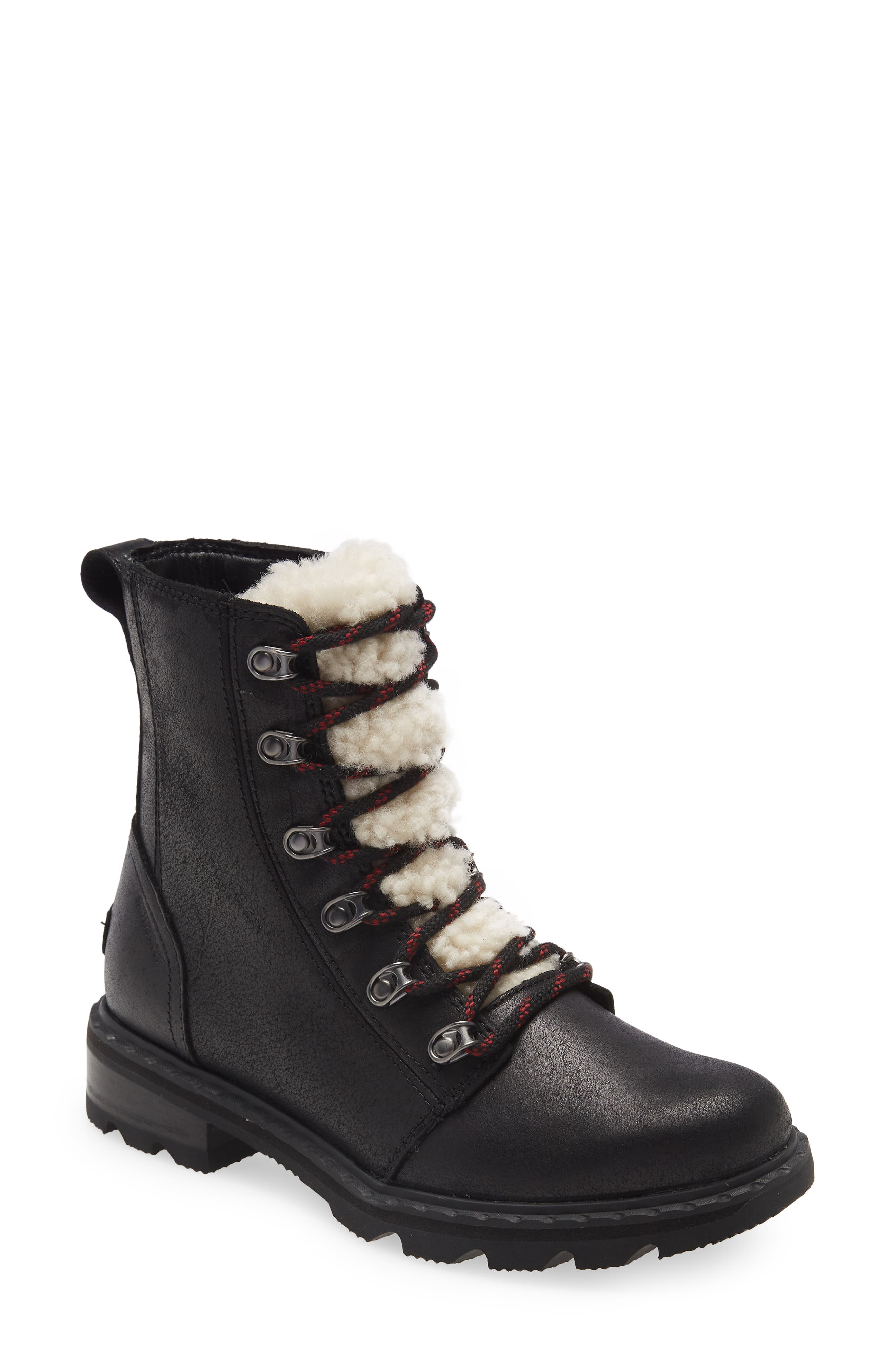 SOREL Lennox Genuine Shearling Trim Waterproof Lace-Up Boot, Main, color, 