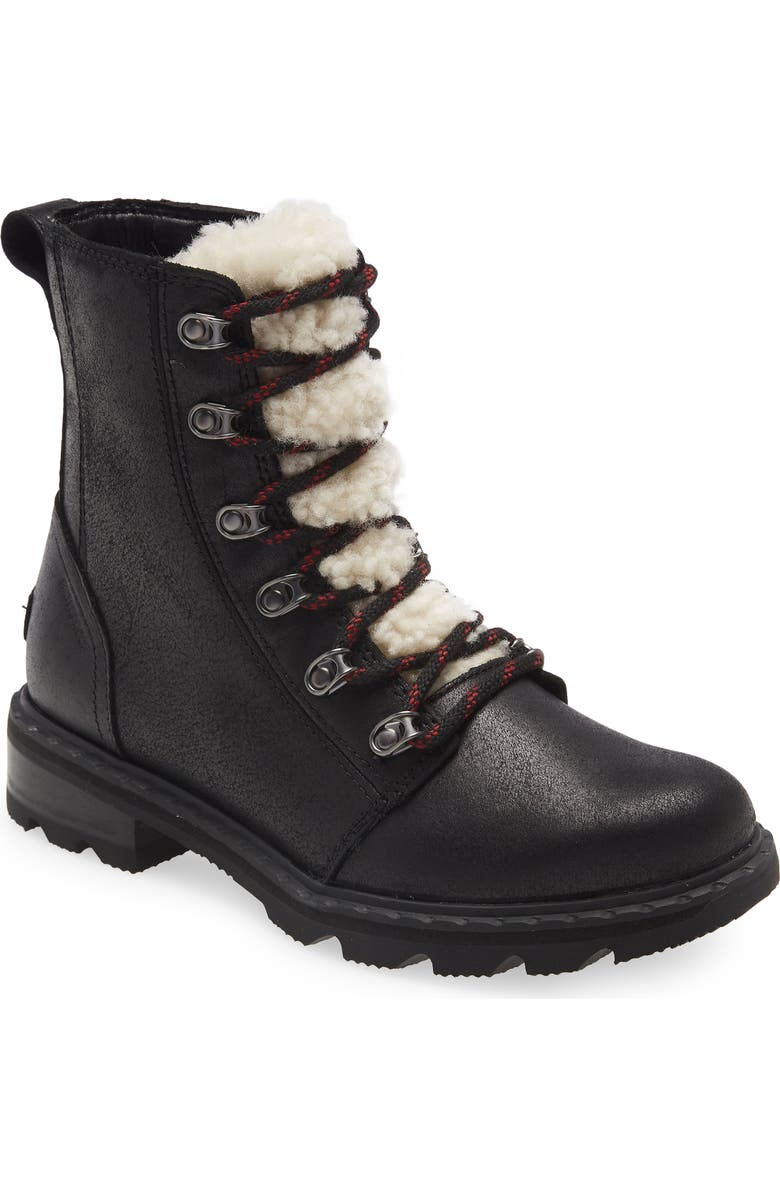 SOREL Lennox Genuine Shearling Trim Waterproof Lace-Up Boot, Main, color,