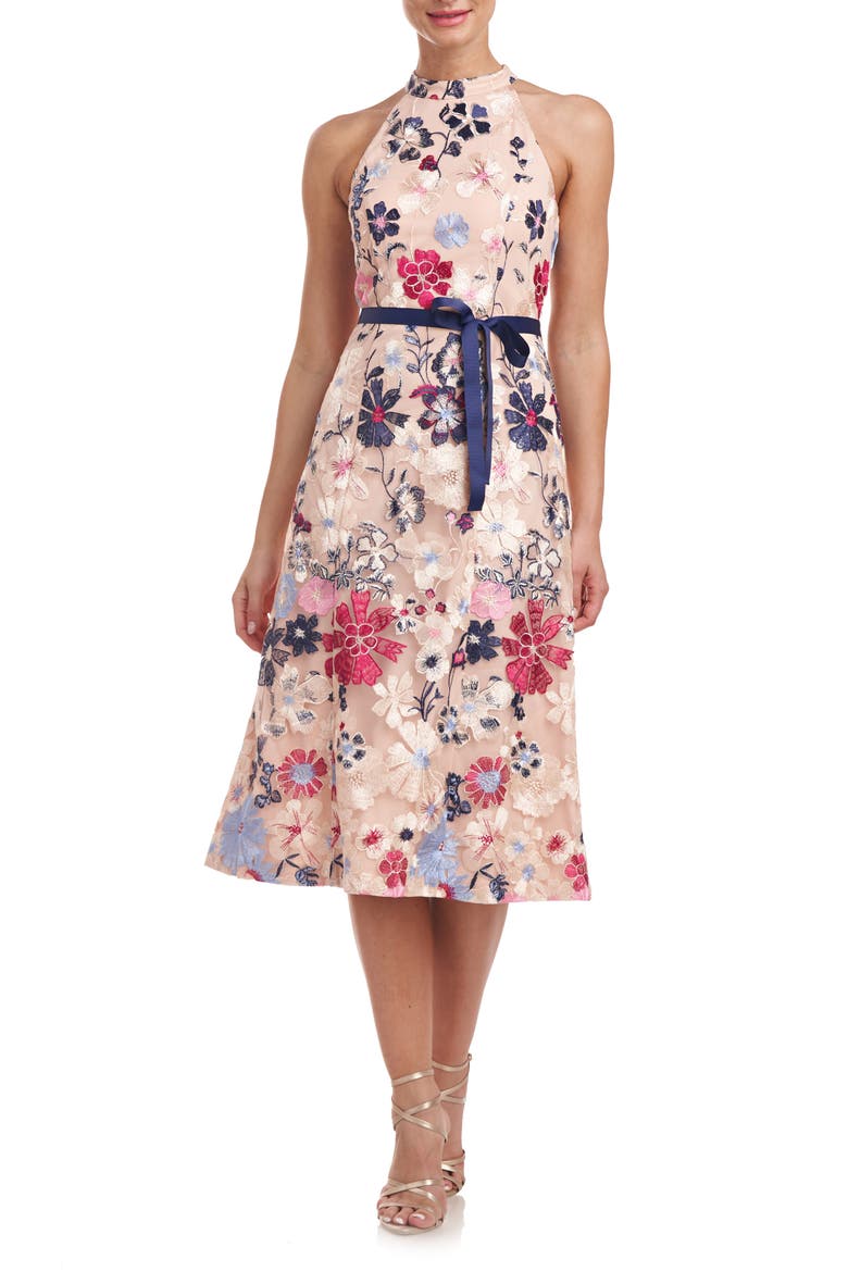 Eleanor Embroidered Floral Cocktail Midi Dress, Main, color, ROSE GOLD MULTI