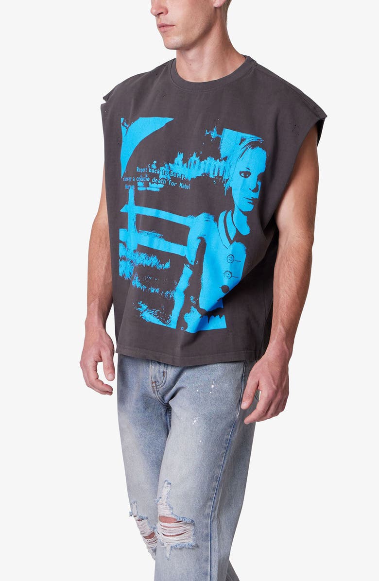 mnml Sleeveless Distressed Graphic Cutoff T-Shirt, Alternate, color, Washed Black