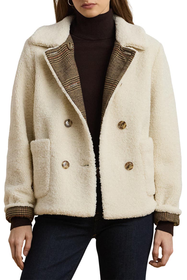 Double Breasted Teddy Faux Fur Coat, Main, color, CREAM
