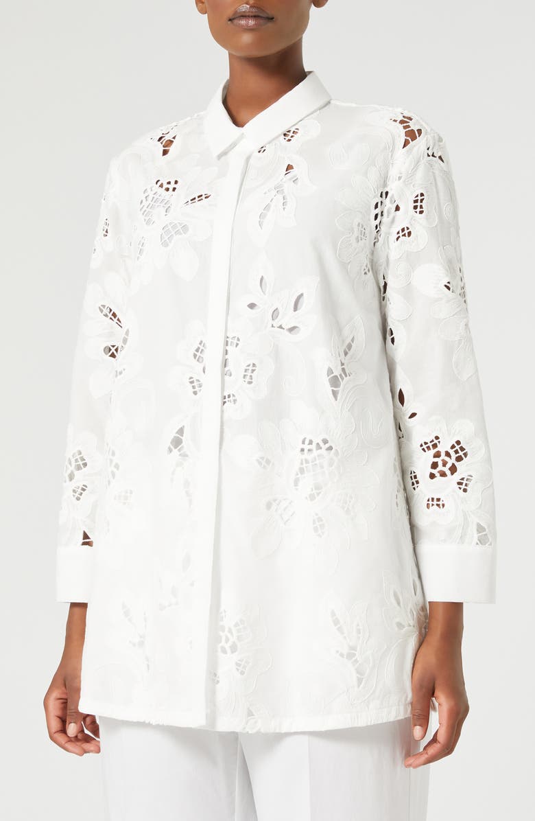 Marina Rinaldi Tessile Embroidered Eyelet Tunic Shirt, Main, color, Optical White