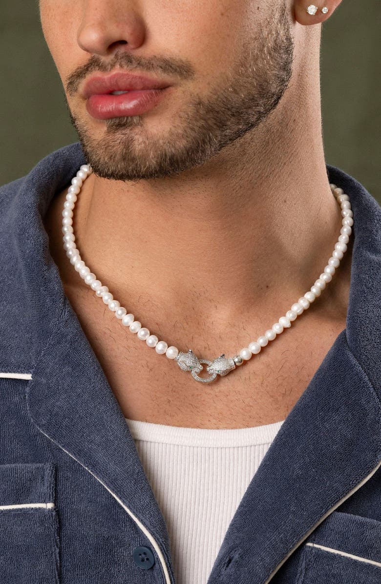 Nialaya Double Panther Head Pearl Necklace, Alternate, color, Silver