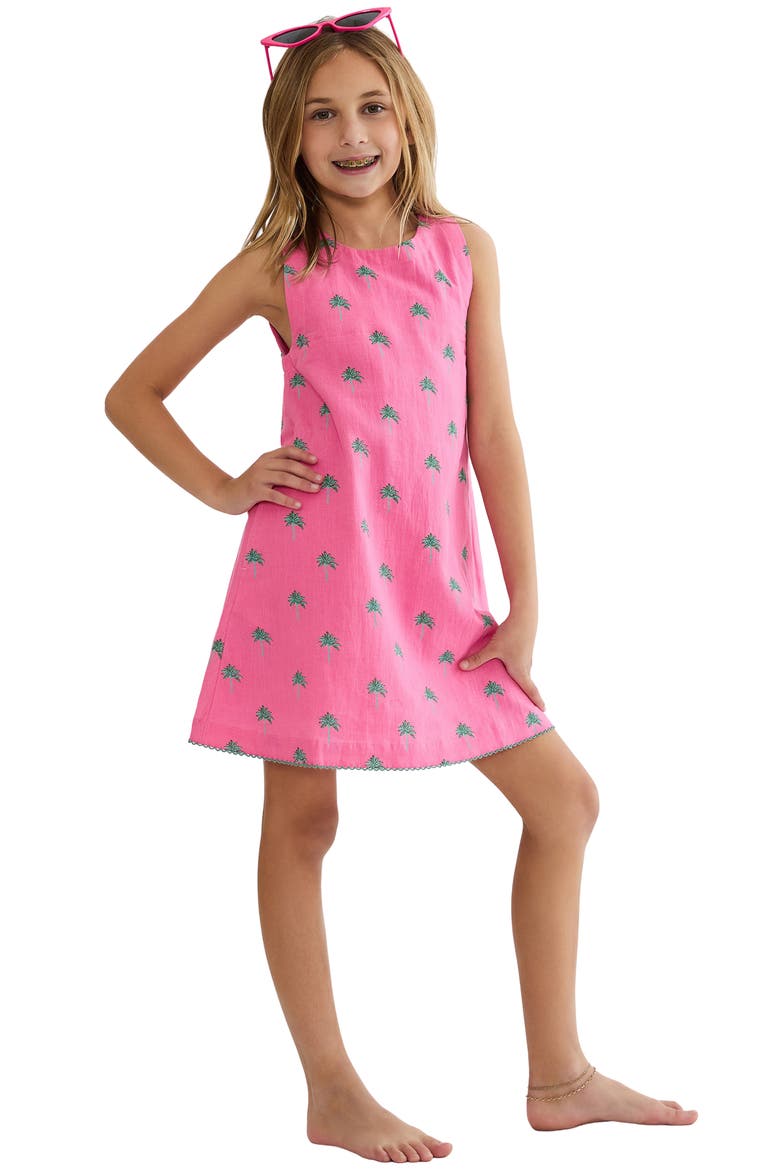 Kids' Little Caprina Palm Print Shift Dress, Main, color, FLAMINGO FRONDS
