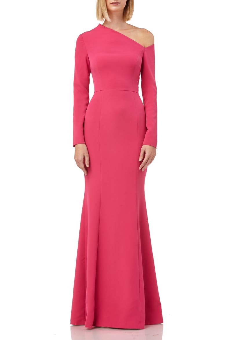 Asymmetrical Neck Long Sleeve Mermaid Gown, Main, color, CORAL PINK
