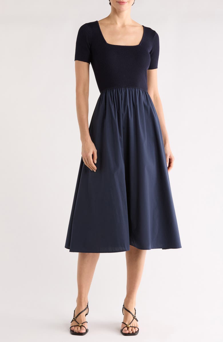 T Tahari Square Neck Short Sleeve Mixed Media Dress, Main, color, 