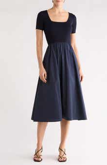 T Tahari Square Neck Short Sleeve Mixed Media Dress