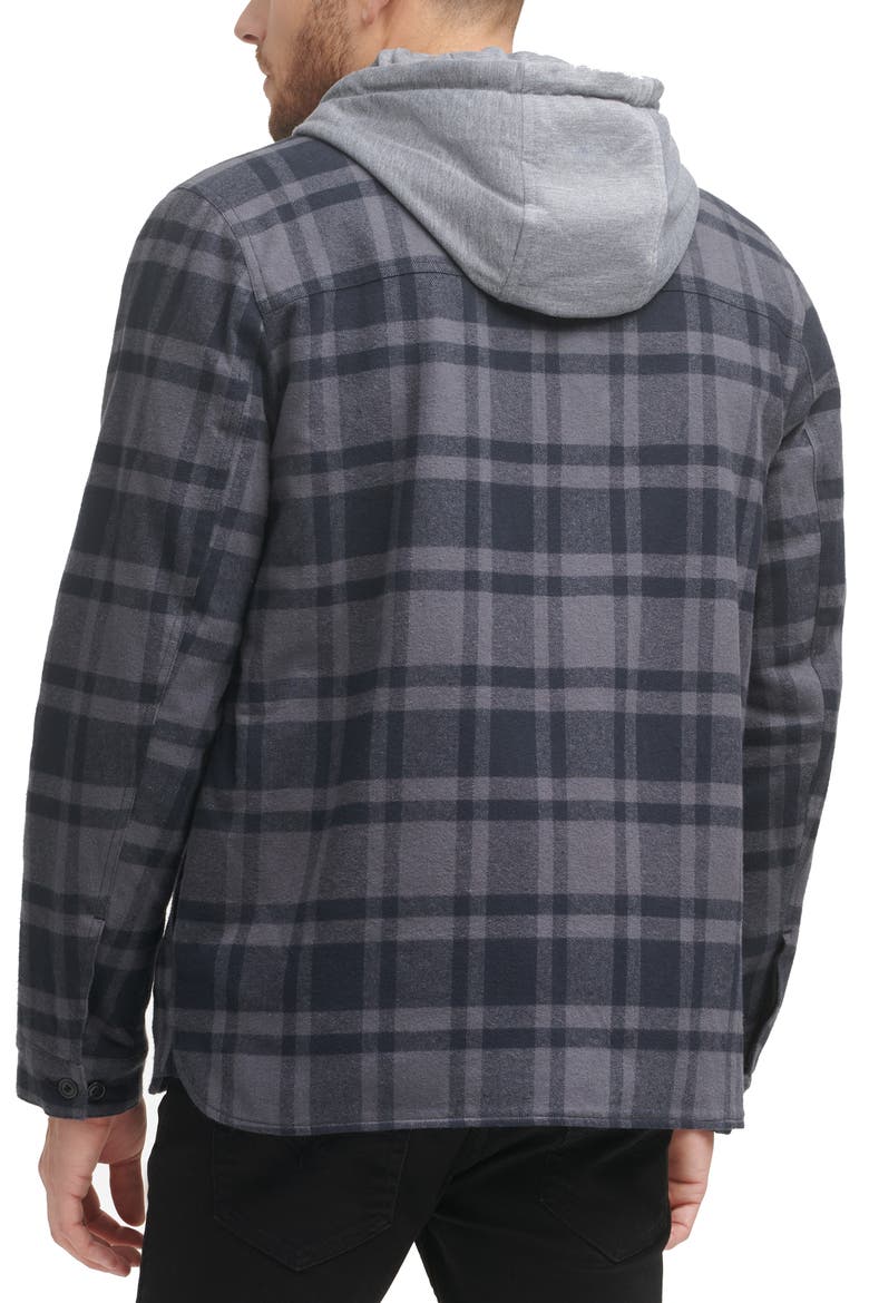 Plaid Faux Shearling Lined Jersey Hood Shirt Jacket, Alternate, color, GREY/NAVY PLAID
