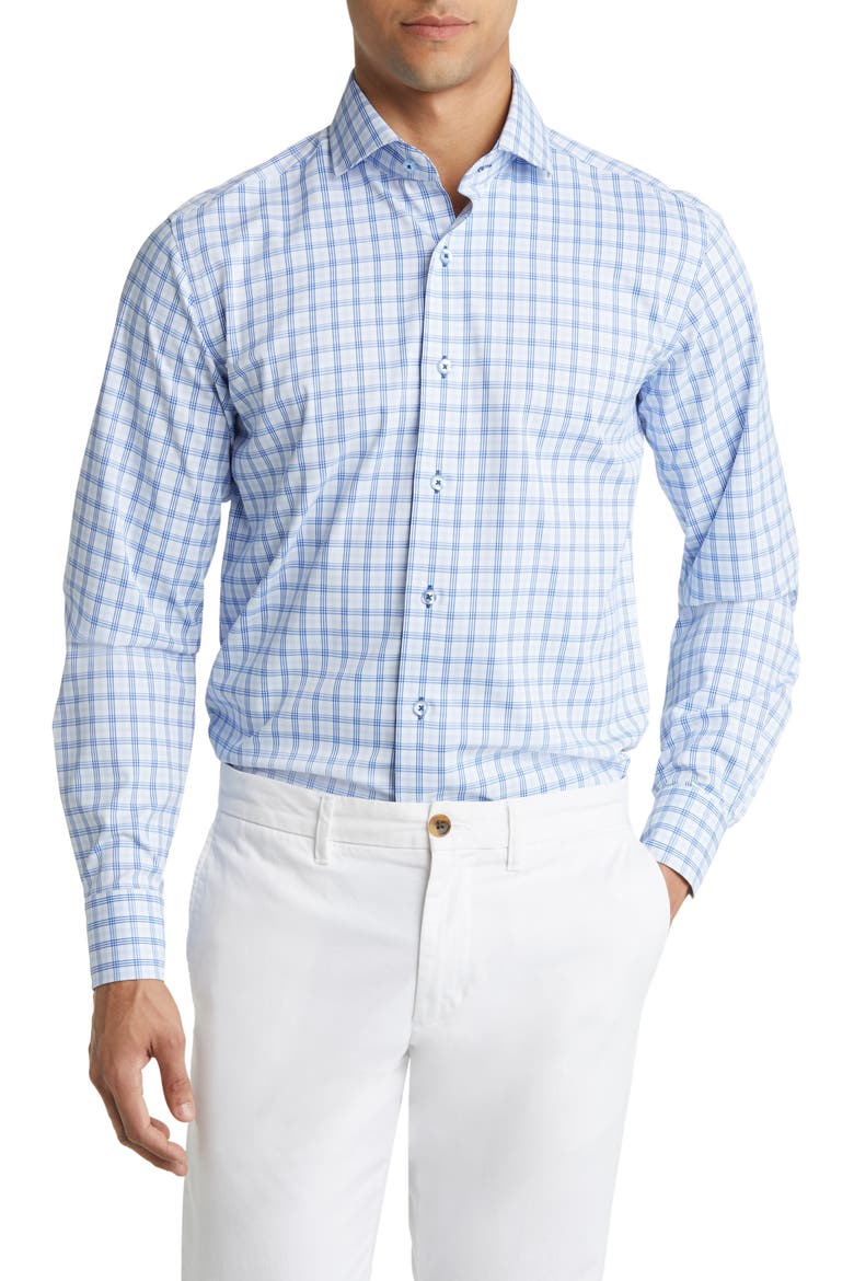 Trim Fit Textured Check Stretch Dress Shirt, Main, color, LIGHT BLUE