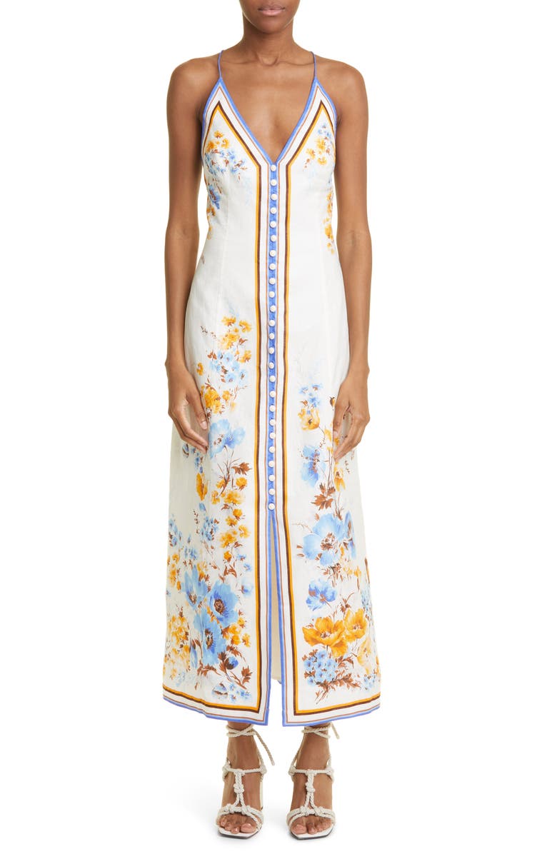 Zimmermann Halcyon Floral Button Front Linen Slipdress, Main, color, 