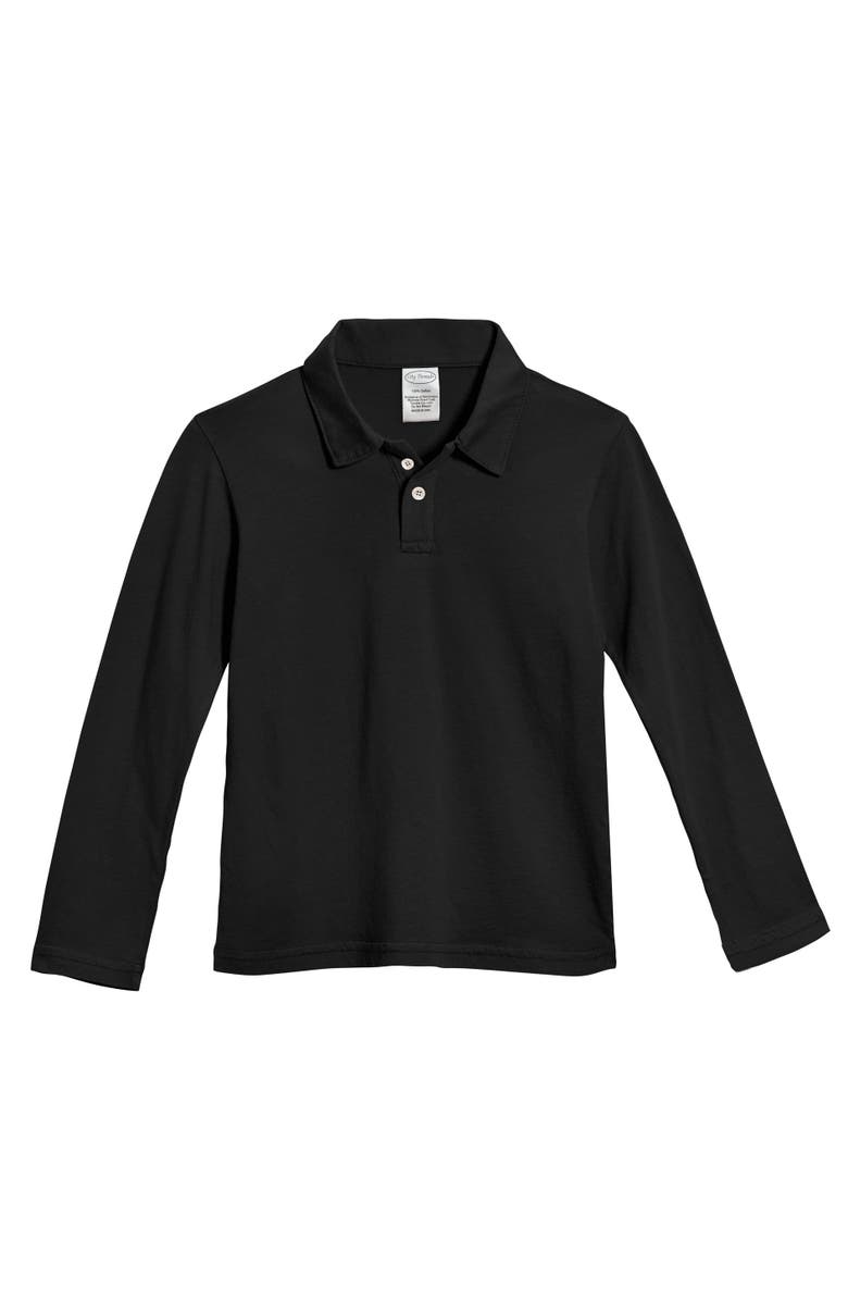 CITY THREADS Boys 100% Cotton Soft Knit Jersey 2-Button Long Sleeve Polo Shirt, Alternate, color, Black