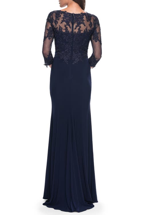 La Femme Lace And Net Jersey Gown With Illusion Sleeves In Navy