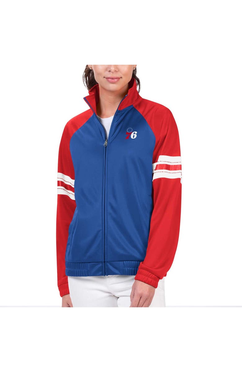 G-III 4HER BY CARL BANKS Women's G-III 4Her by Carl Banks Royal Philadelphia 76ers Main Player Raglan Rhinestone Full-Zip Track Jacket, Alternate, color, Royal