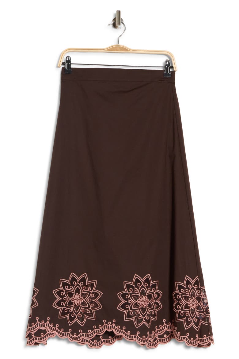 Contrast Embroidered A-Line Midi Skirt, Main, color, COCOA BEAN/ CREAM
