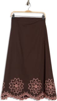 T Tahari Contrast Embroidered A-Line Midi Skirt
