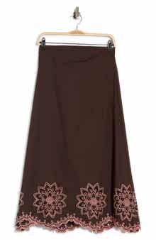 Contrast Embroidered A-Line Midi Skirt