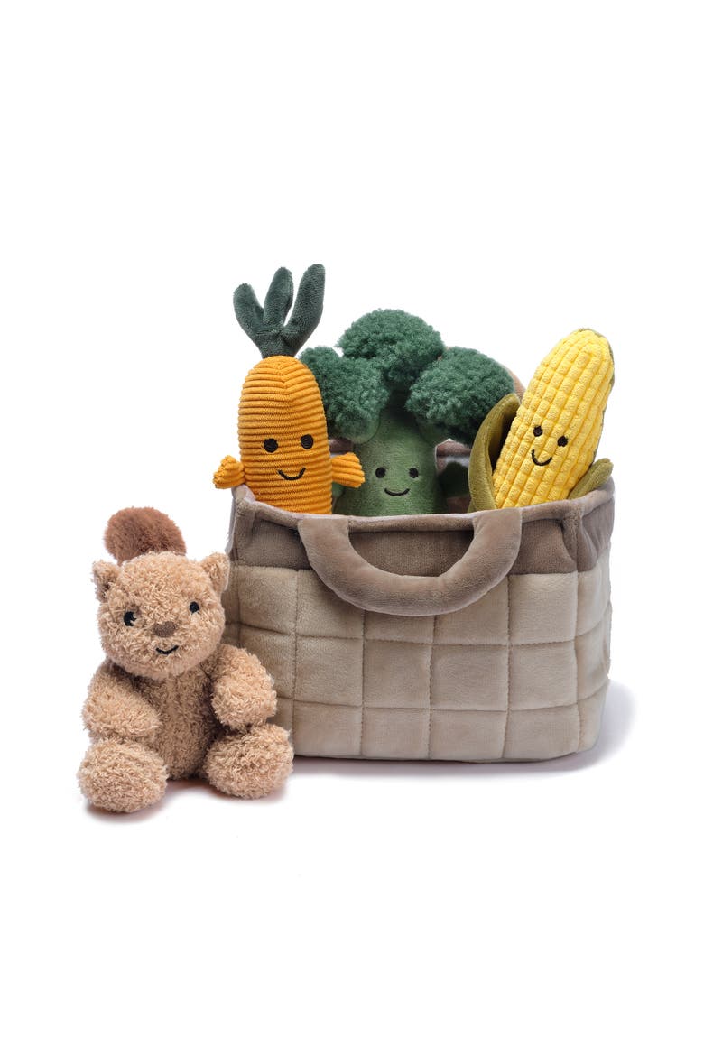 Plush Veggie Basket Play Set with Interactive Stuffed Vegetable Toys, Alternate, color, Grey Multi