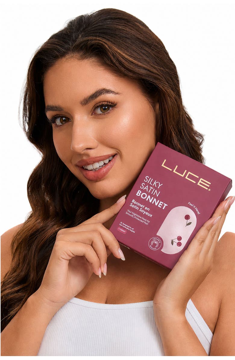 LUCE Cherry Print Satin Bonnet, Alternate, color,
