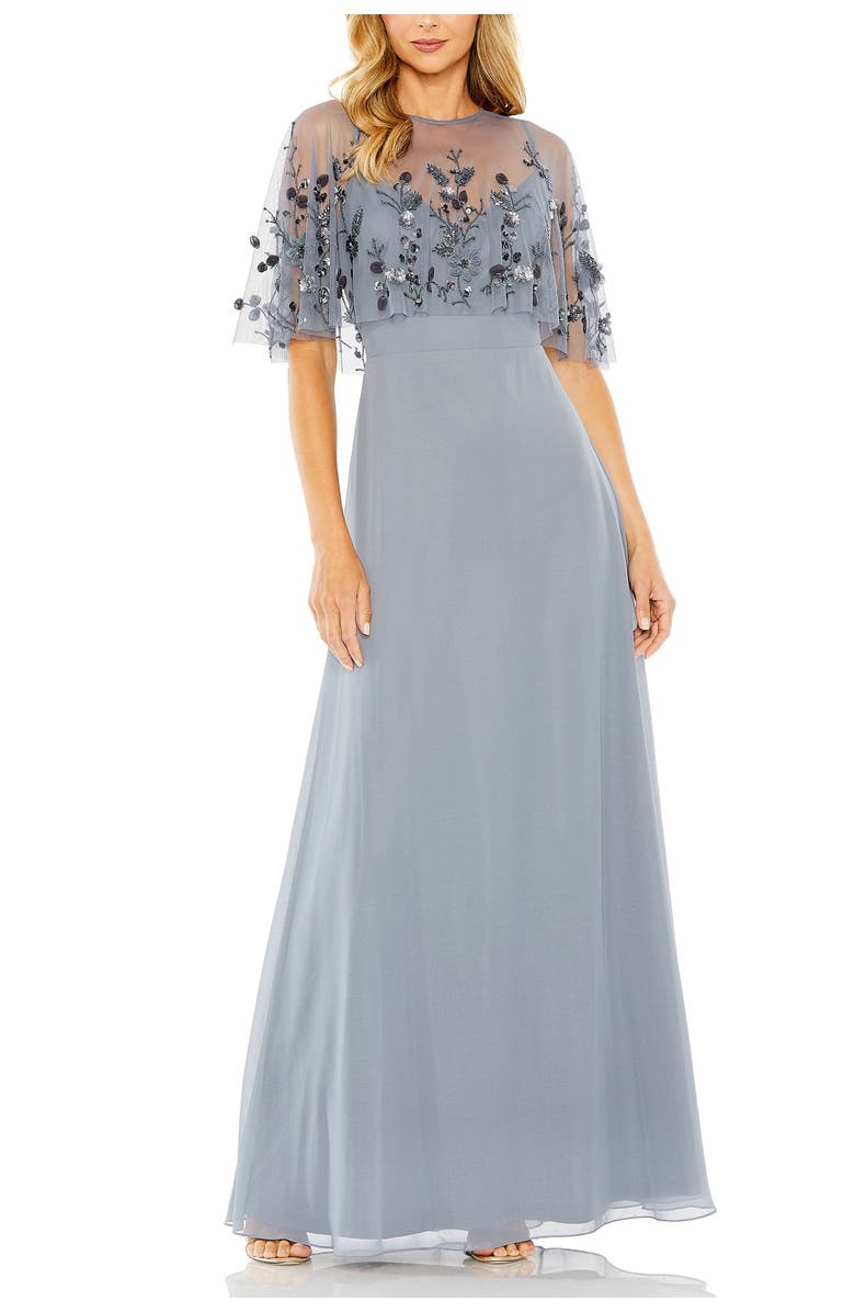 Mac Duggal Sleeveless Gown With Embellished Cape, Main, color, Slate Blue
