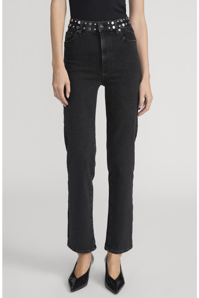 Le Sleek Studded Ankle Straight Leg Jeans, Main, color, METEOR