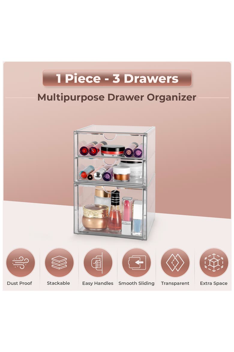 Clear Acrylic Three-Drawer Cosmetics Organizer, Alternate, color, CLEAR