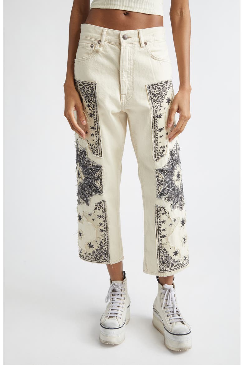 X-Boyfriend Crop Jeans, Main, color, ECRU BANDANA APPLIQUE